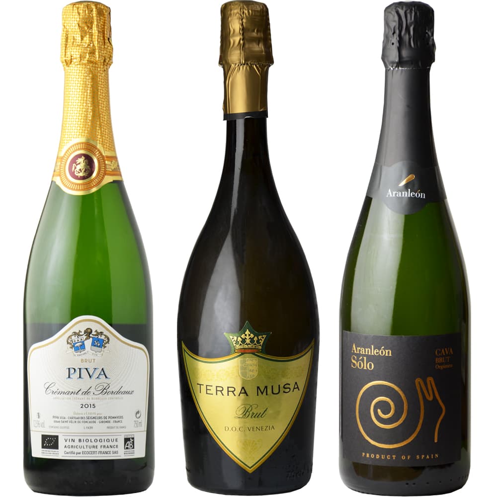 Sparkling wine tasting set from three European countries